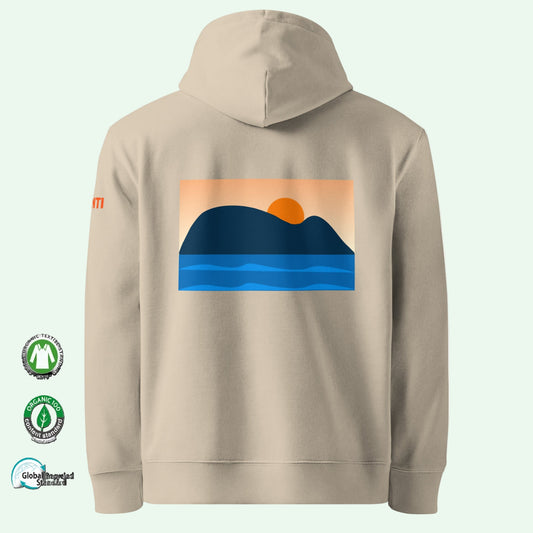 unisex organic hoodie in desert dust with raton of getaria minimalist design on back by aunti