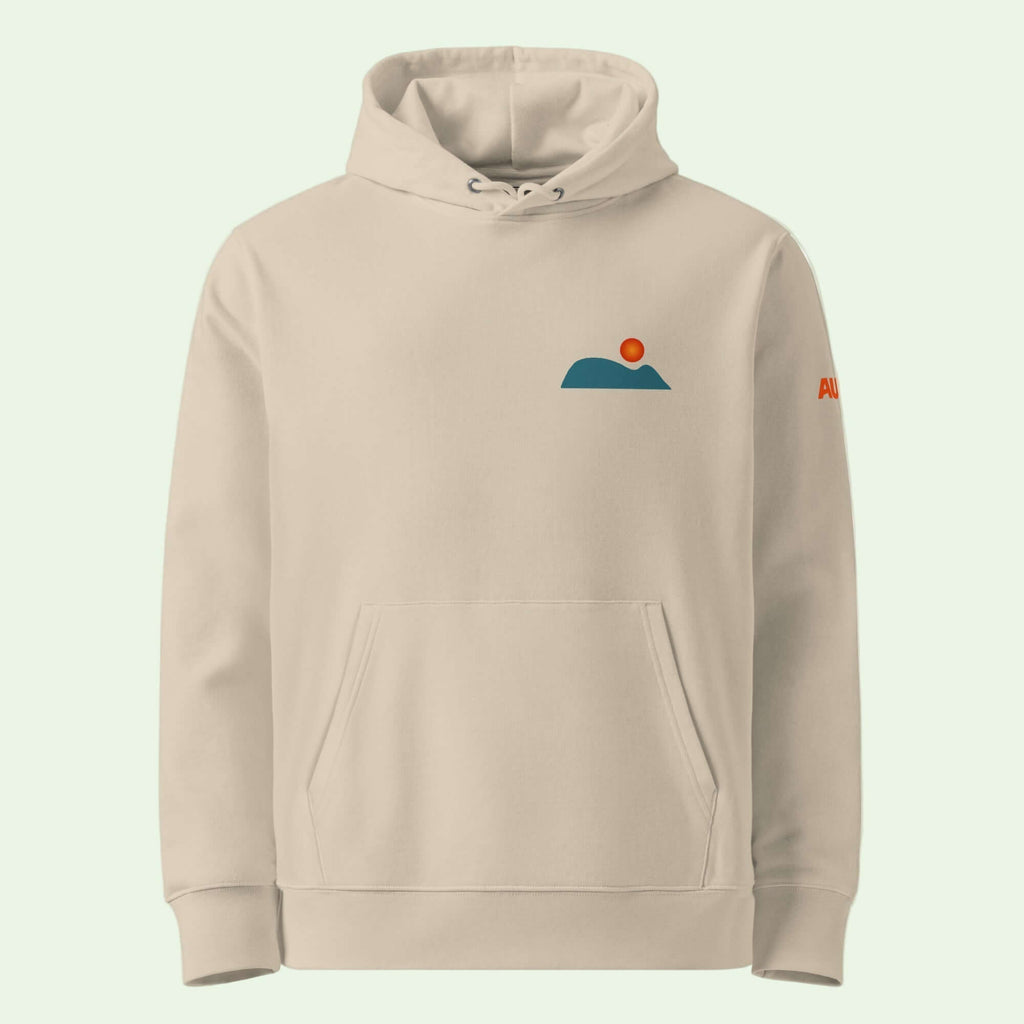 unisex organic hoodie in desert dust with mouse of getaria minimalist front design by Aunti