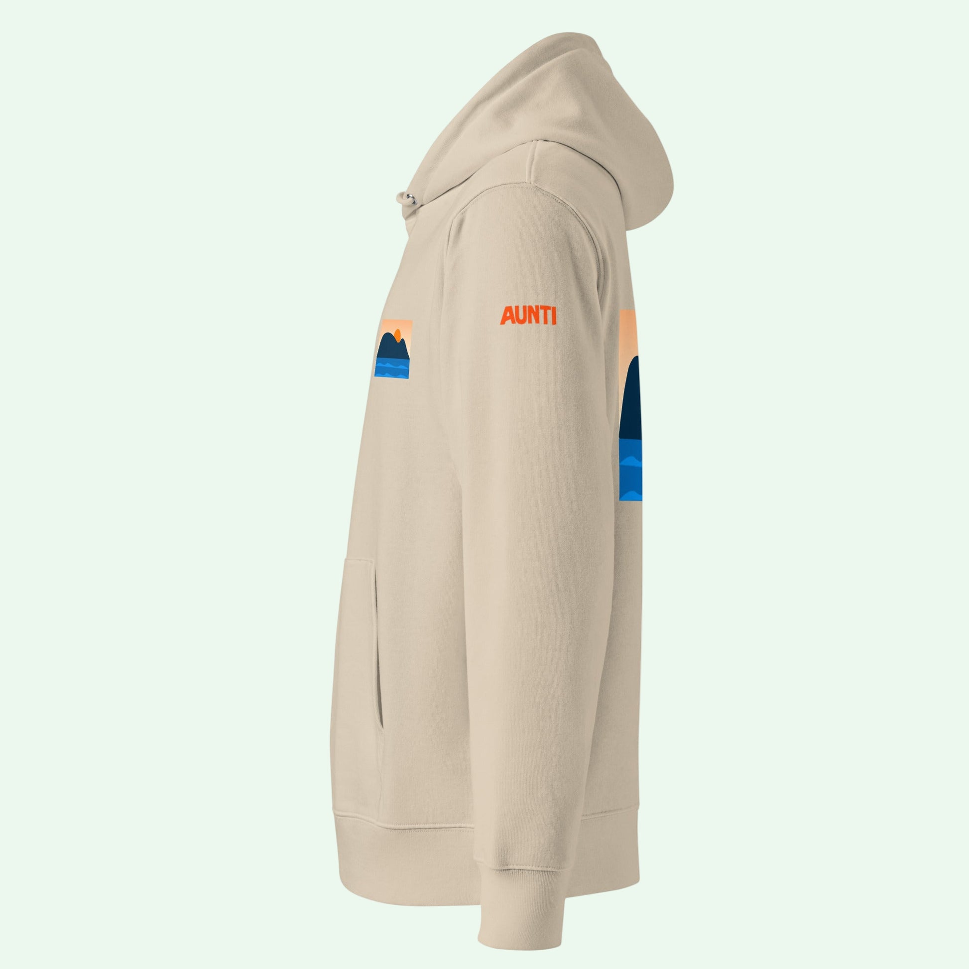 unisex organic hoodie in desert dust left