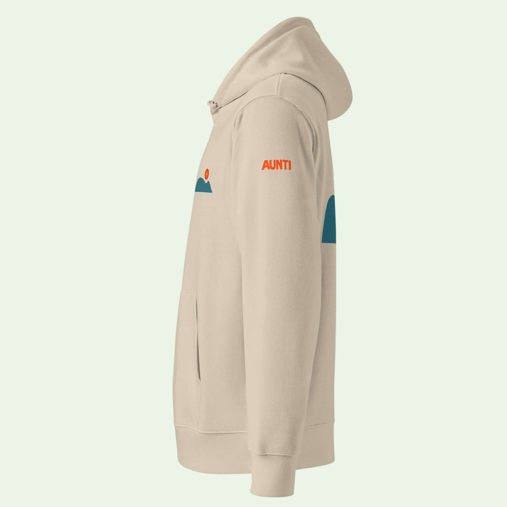 unisex organic hoodie in desert dust with getaria mouse design left view