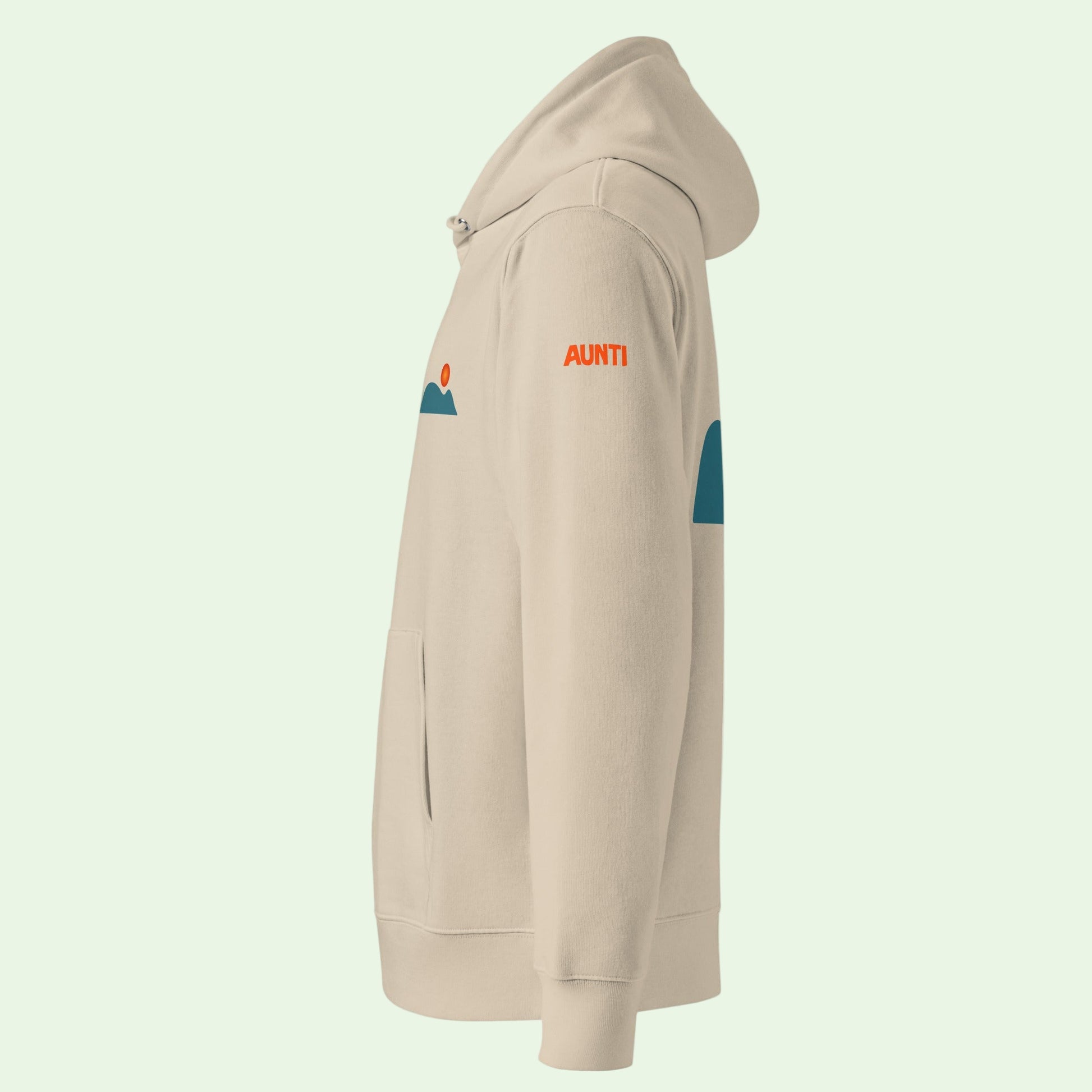 unisex organic hoodie in desert dust with getaria mouse design left view