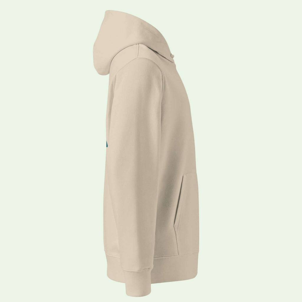 unisex organic hoodie in desert dust with getaria mouse right view by Aunti