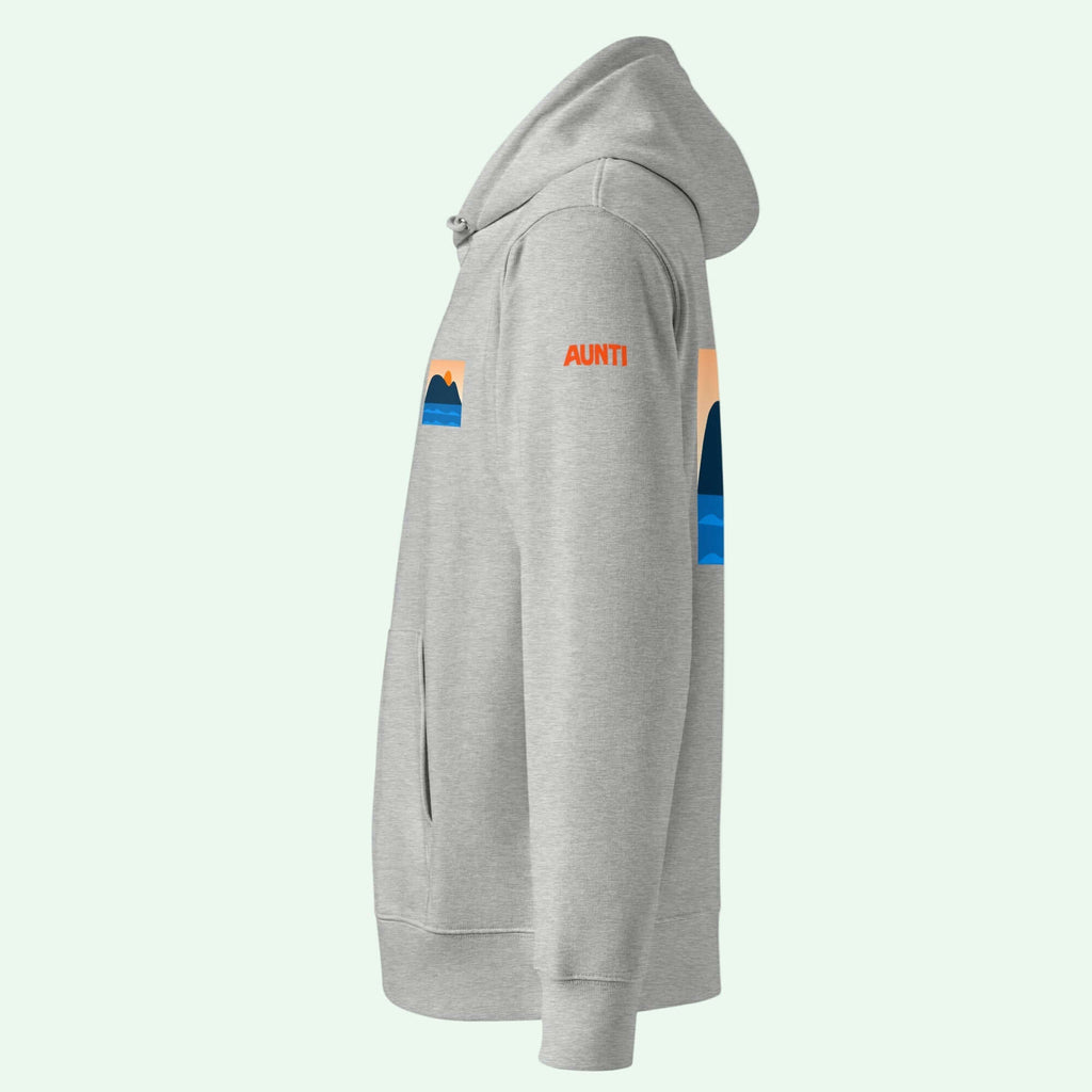 unisex essential organic hoodie in heather grey left by Aunti