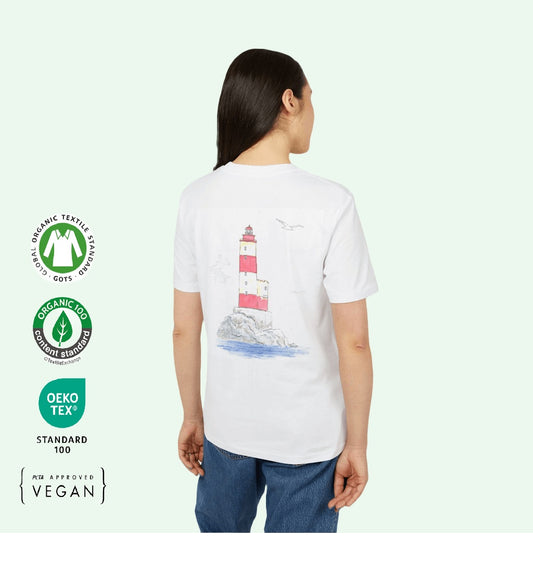 gots certified tee with basque lighthouse design on back by aunti