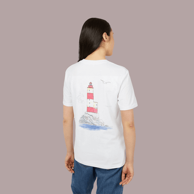 woman wearing an unisex white 
organic cotton tee with basque back design by AUNTI