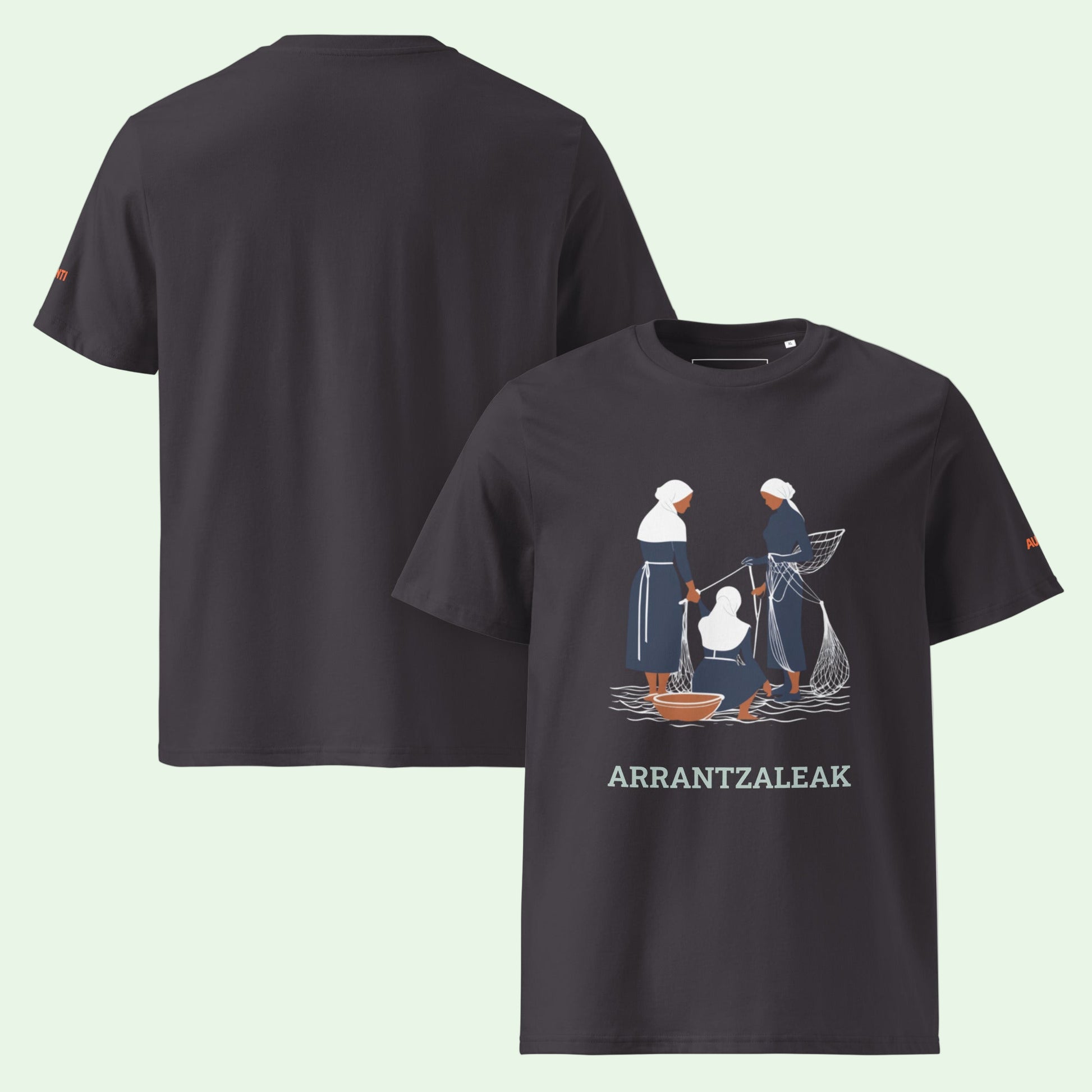 unisex organic cotton gots certified t-shirt in anthracite with fisherwomen front design by Aunti
