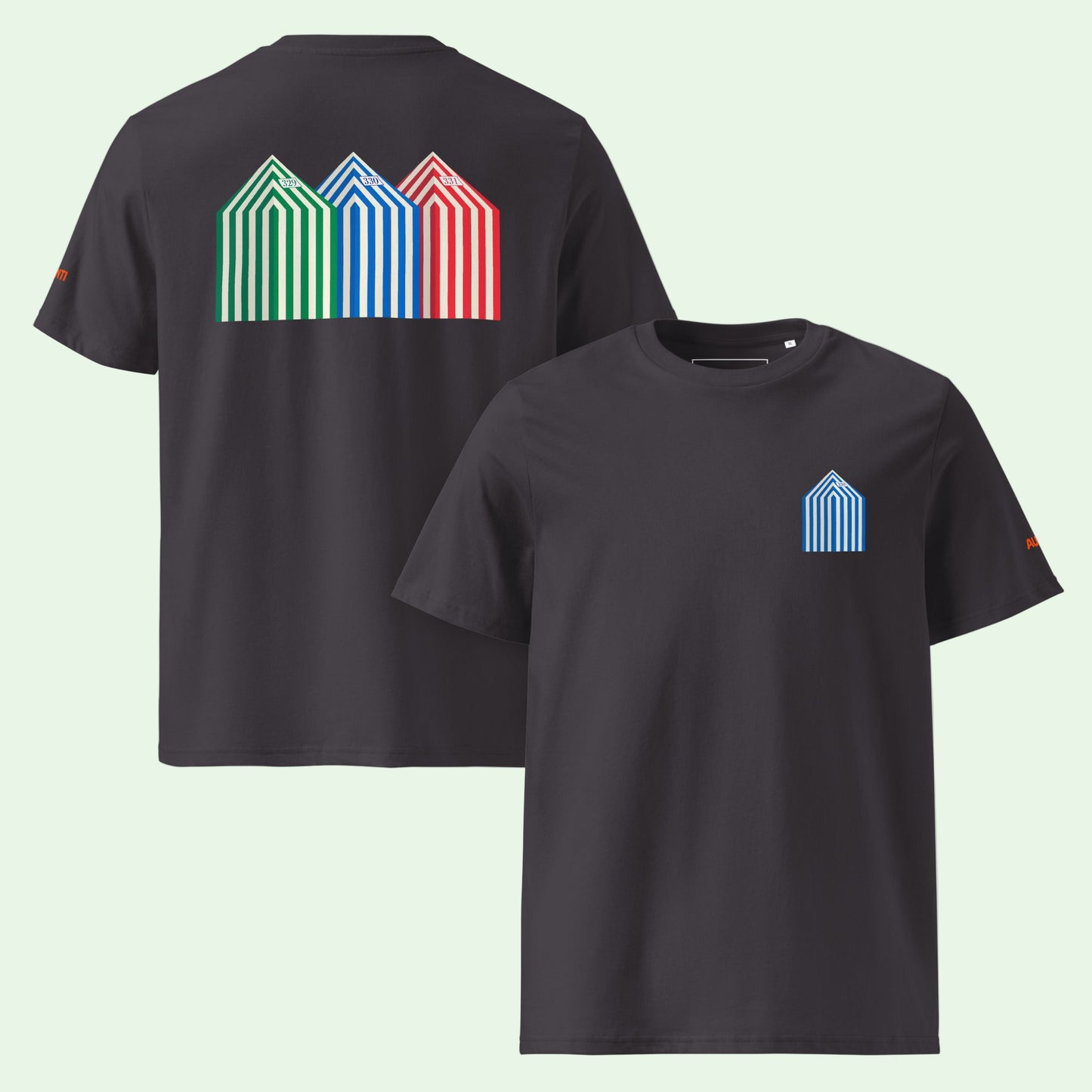unisex organic cotton gots & oeko-tex certified t-shirt in anthracite with beach cabins front and back design by Aunti
