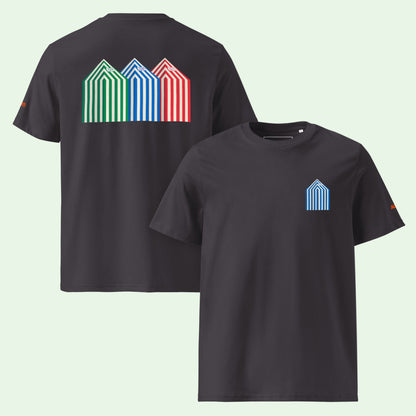 unisex organic cotton gots & oeko-tex certified t-shirt in anthracite with beach cabins front and back design by Aunti