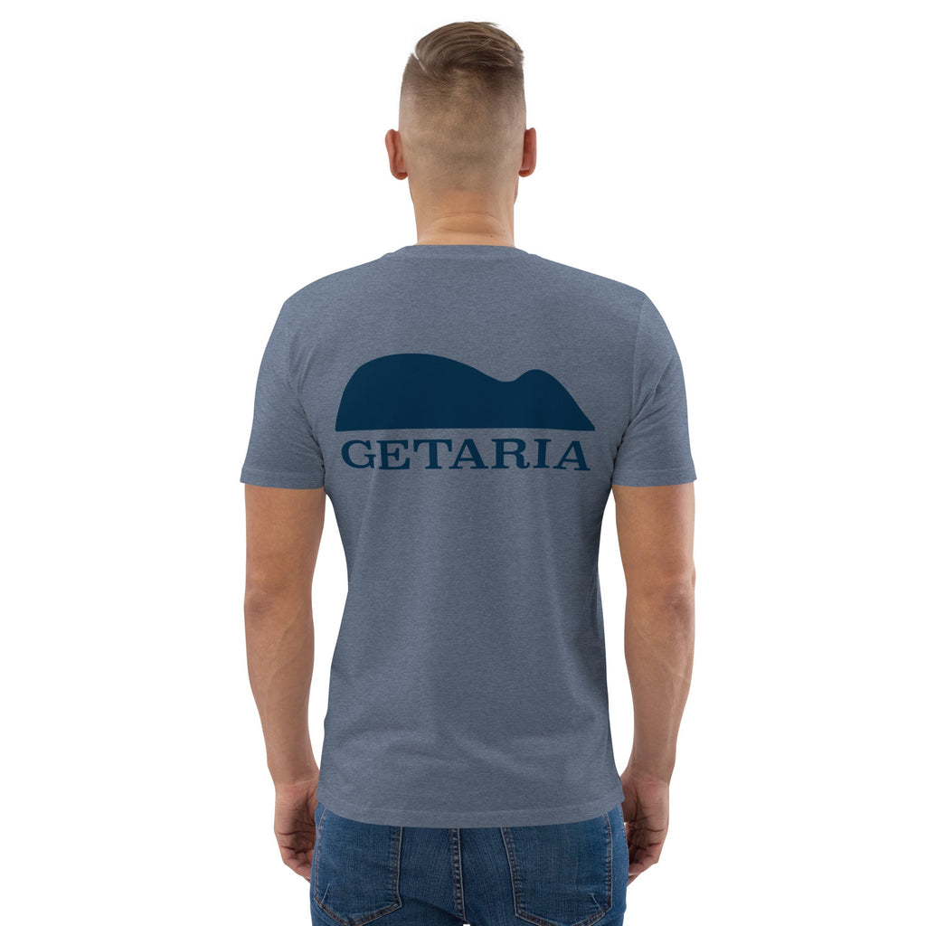 Camiseta GOTS Getaria en azul jaspeado oscuro, vista trasera, por AUNTI