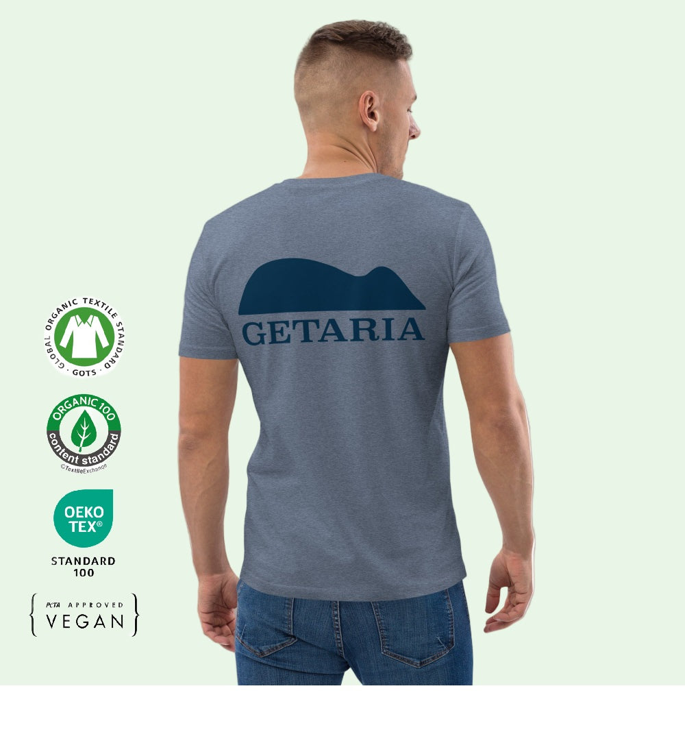 unisex gots organic cotton t-shirt in blue with getaria mouse on back by Aunti