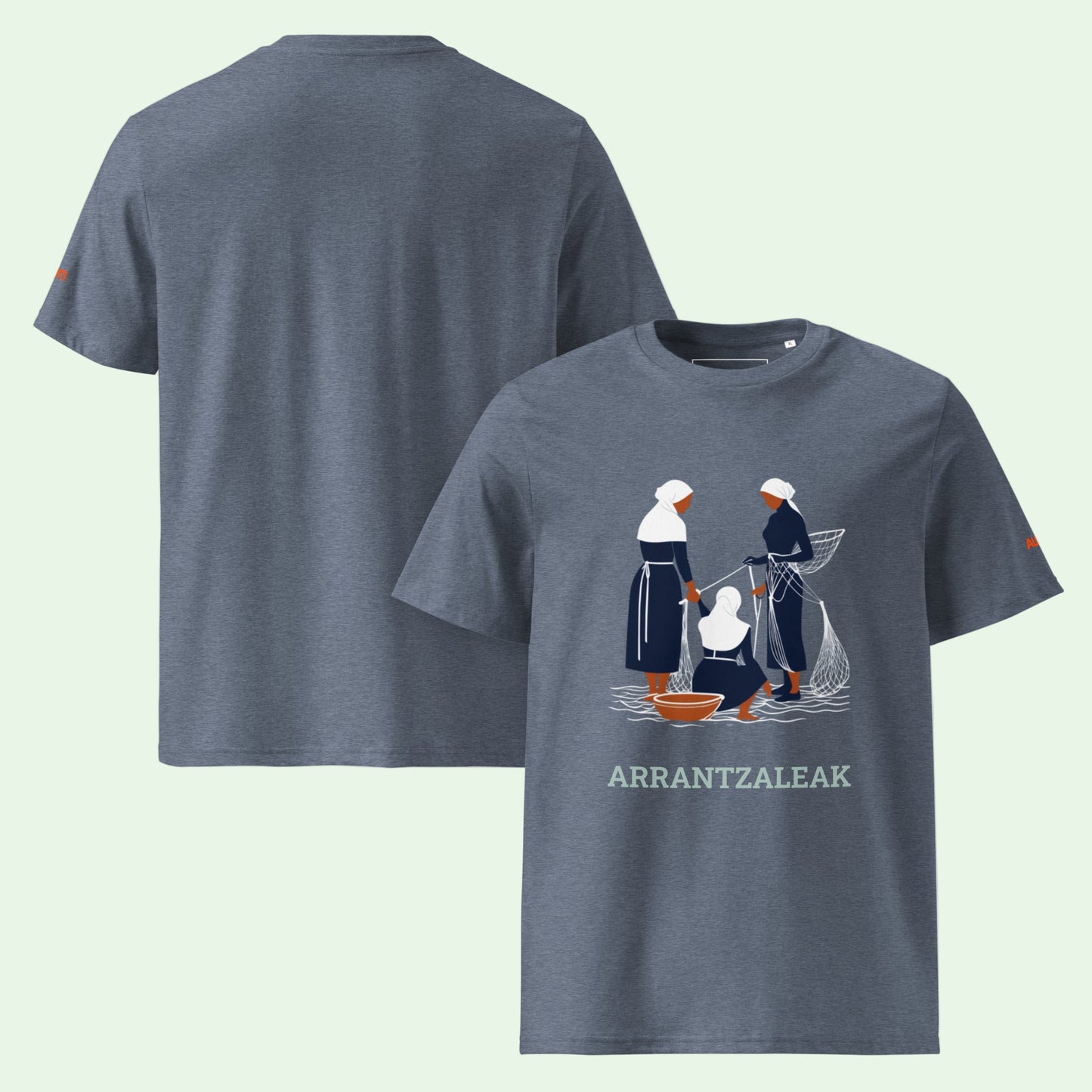 unisex organic cotton t-shirt dark heather blue with fisherwomen front design by Aunti