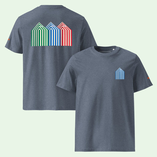 unisex organic cotton gots certified t-shirt in dark heather blue with beach cabins front and back design by Aunti