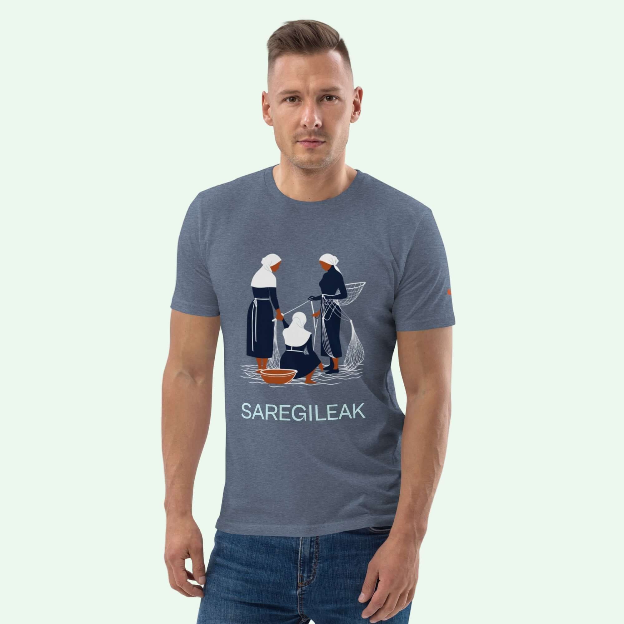 unisex organic cotton t-shirt in dark heather with front design of Saregileak by aunti
