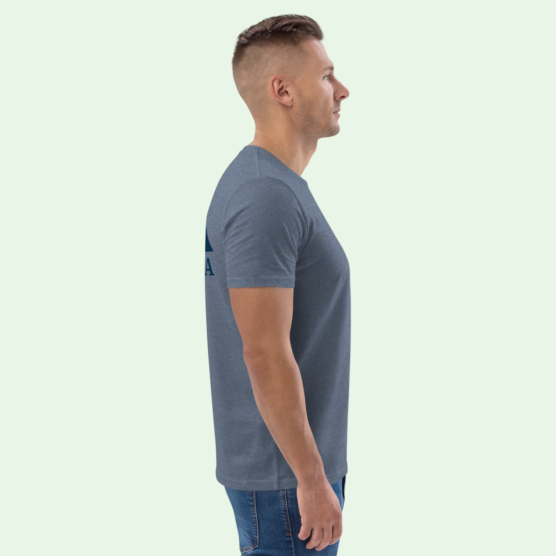 unisex organic cotton t-shirt in dark heather blue right side 