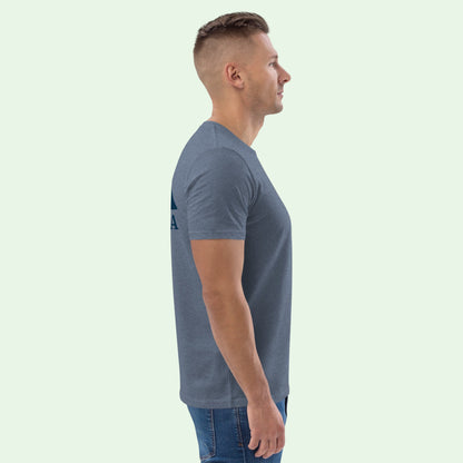 unisex organic cotton t-shirt in dark heather blue right side 