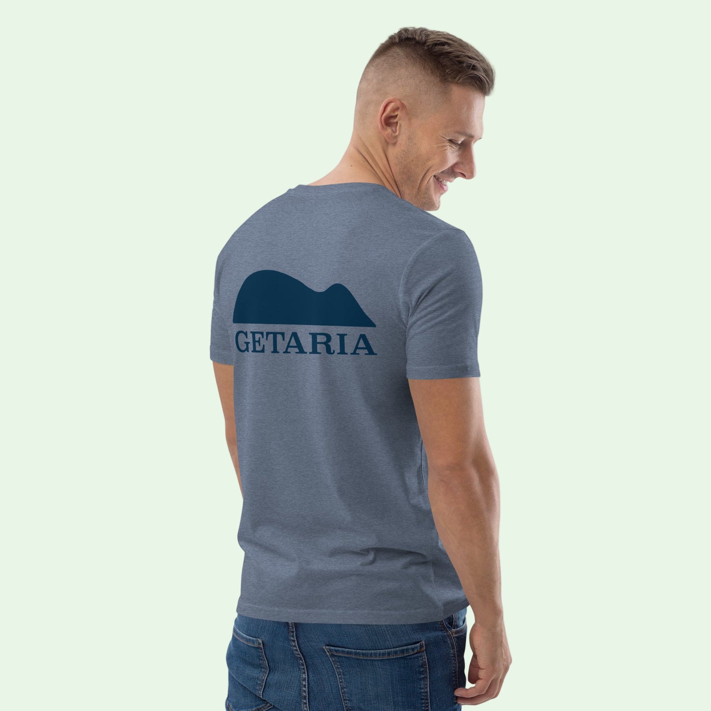 unisex organic cotton t-shirt in dark heather blue with Getaria Mouse design at the back by Aunti