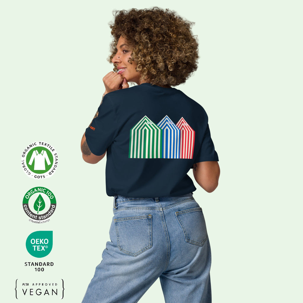 unisex organic cotton t.shirt in navy with Zarautz beach cabins back design by Aunti