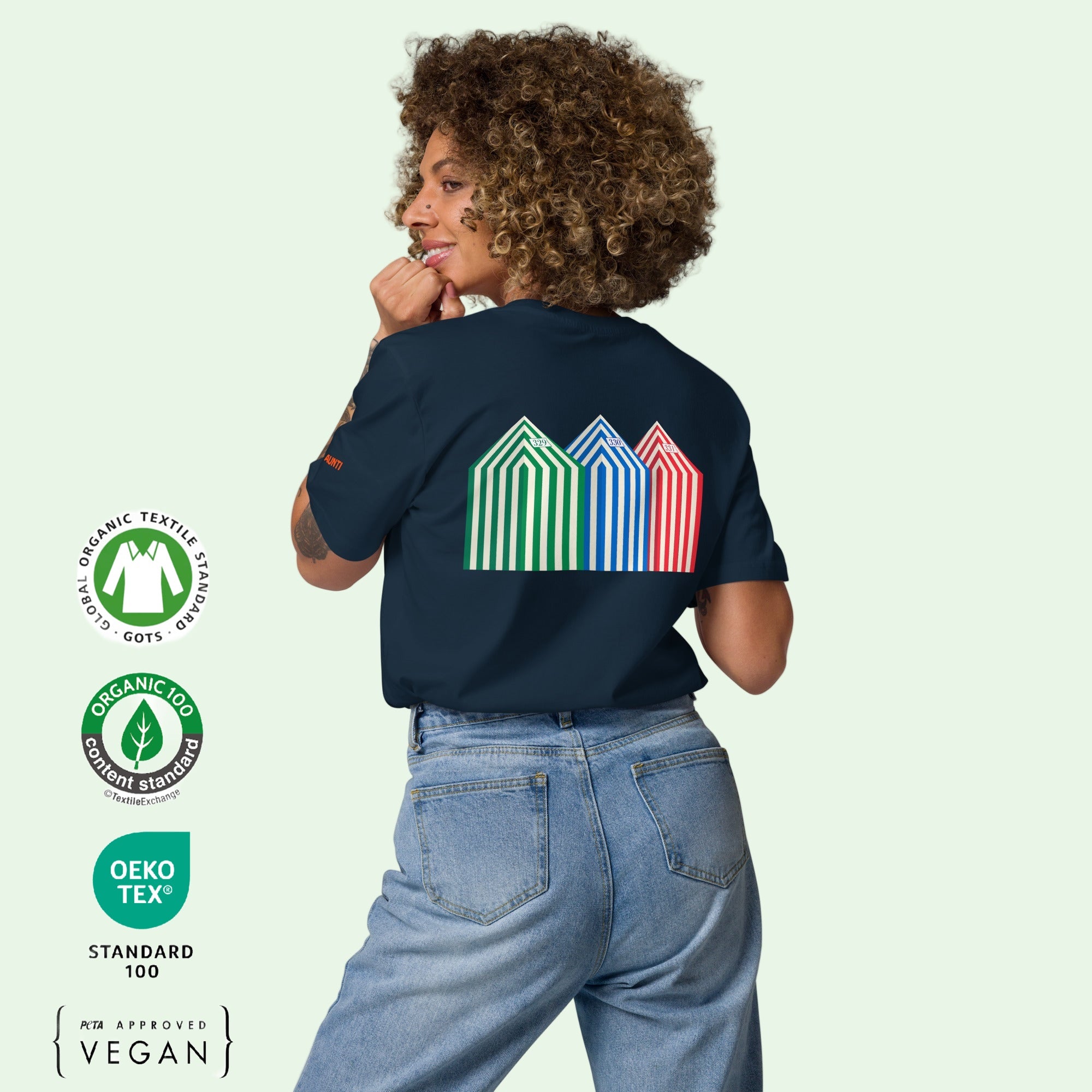 unisex organic cotton t.shirt in navy with Zarautz beach cabins back design by Aunti