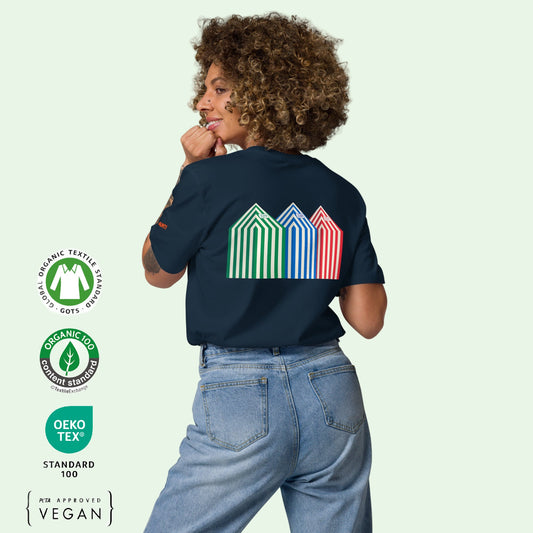 unisex organic cotton t.shirt in navy with Zarautz beach cabins back design by Aunti