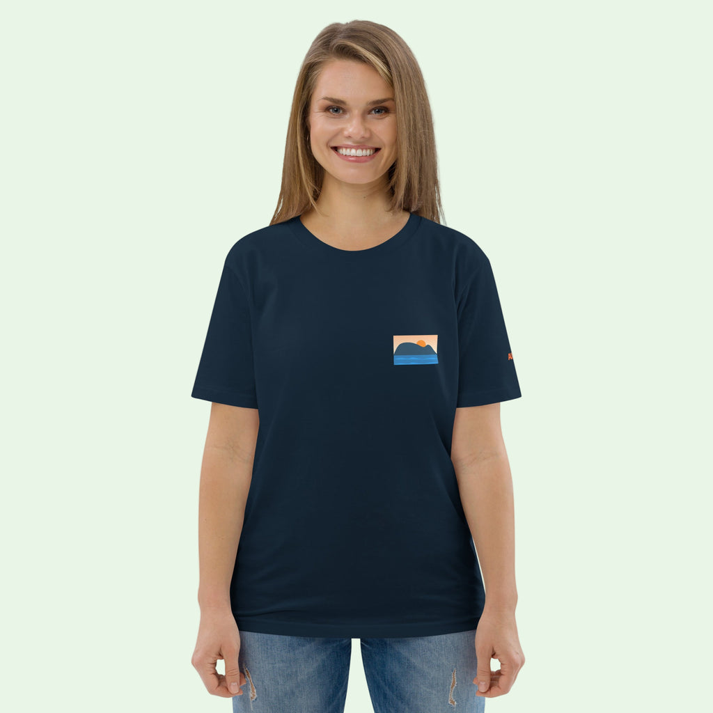 T-shirt Bio Unisex Raton de Getaria, coton biologique, design minimaliste, mode éthique, couleur bleu marine.