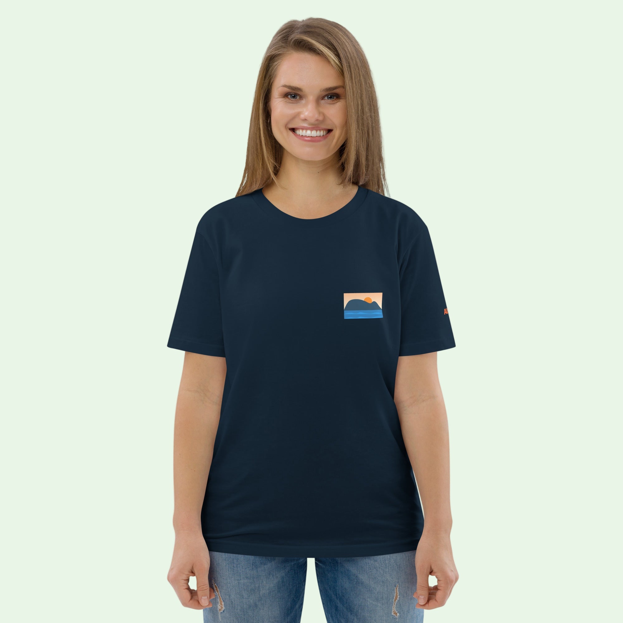 T-shirt Bio Unisex Raton de Getaria, coton biologique, design minimaliste, mode éthique, couleur bleu marine.