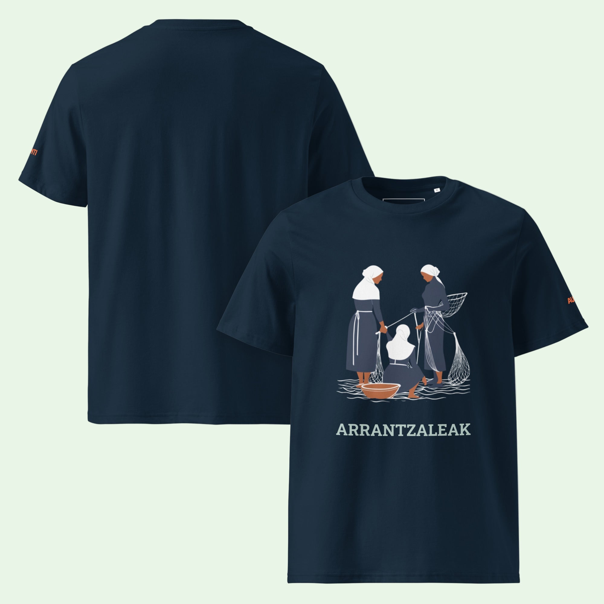 Camiseta organica certificada gots en azul marino con diseño delantero de mujeres pescadoras por Aunti