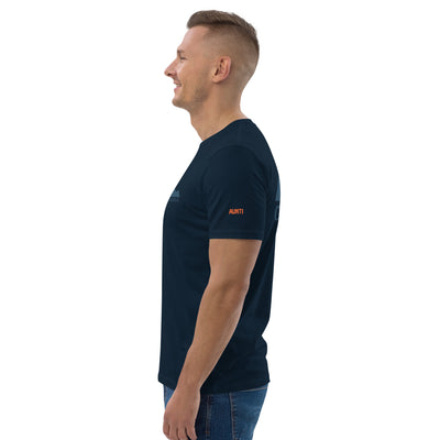 Vista lateral izquierda de camiseta gots de aunti en azul marino diseño getaria