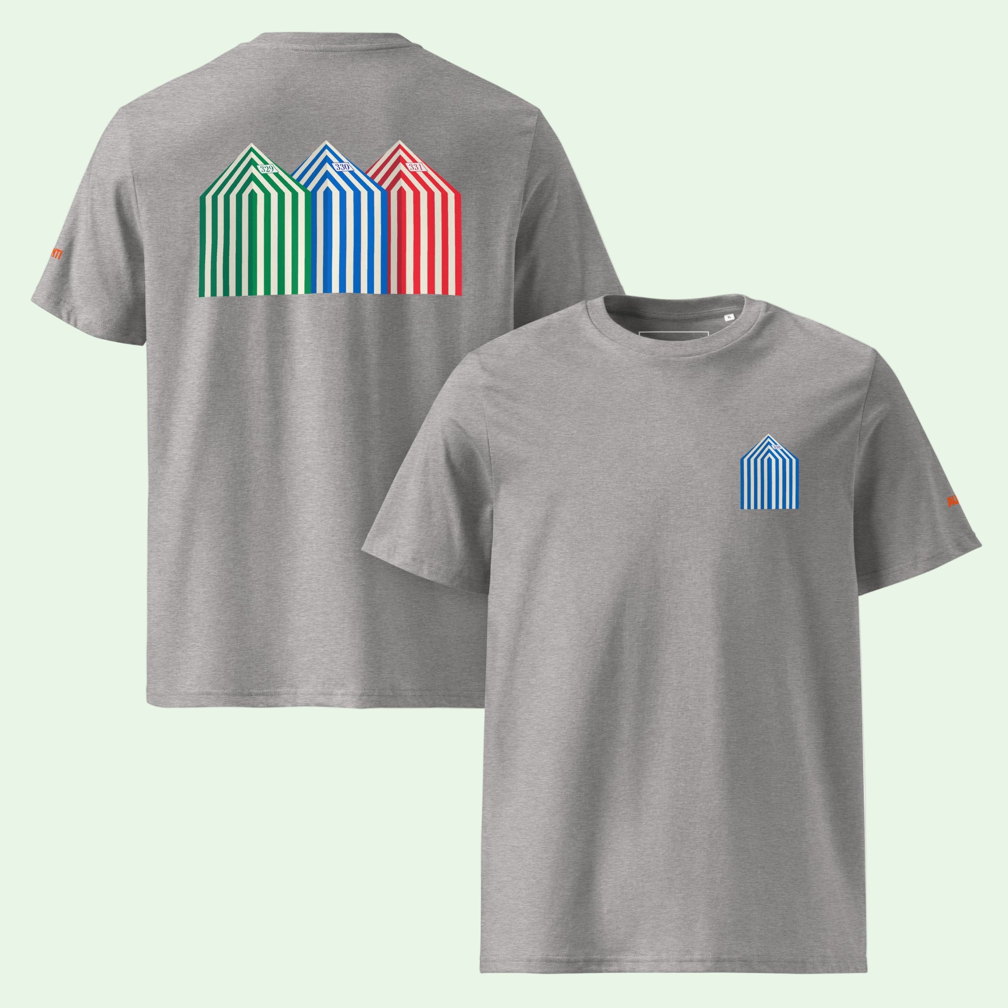 unisex organic cotton gots certified t-shirt in heather with beach cabins front and back design by Aunti