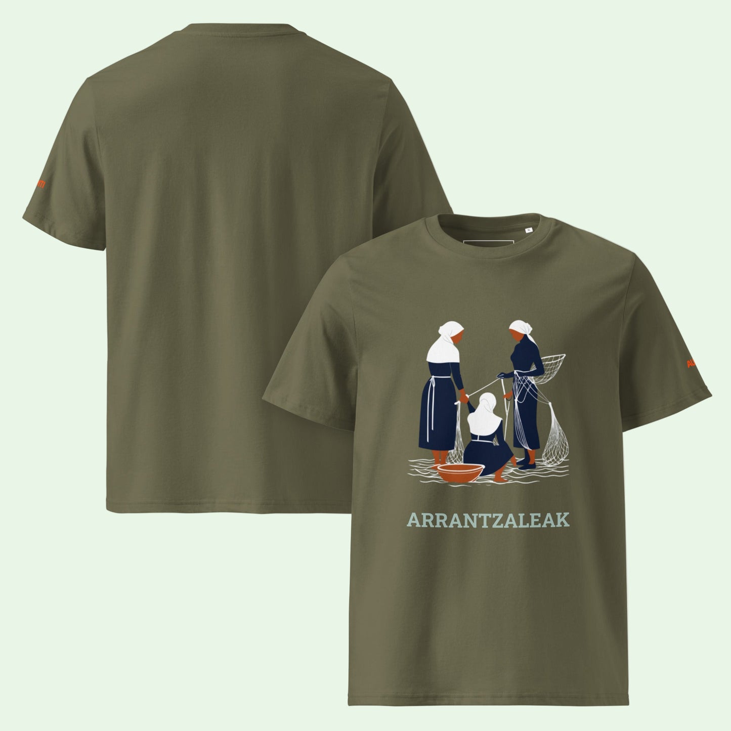 unisex-organic-cotton-t-shirt-khaki with fisherwomen front design by Aunti