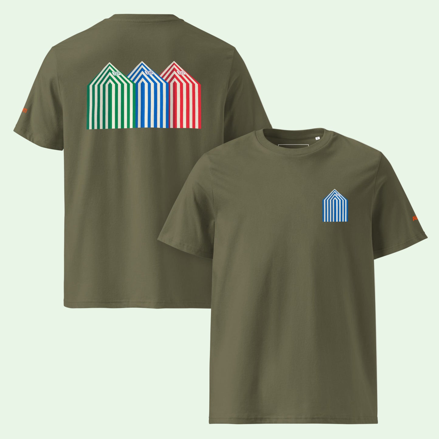 unisex organic cotton t-shirt in khaki beach cabins front and back design by aunti