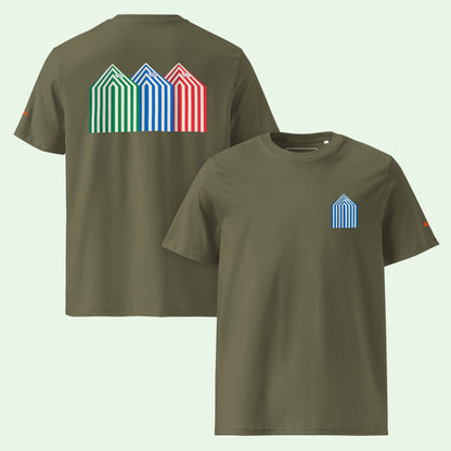 unisex organic cotton t-shirt in khaki beach cabins front and back design by aunti