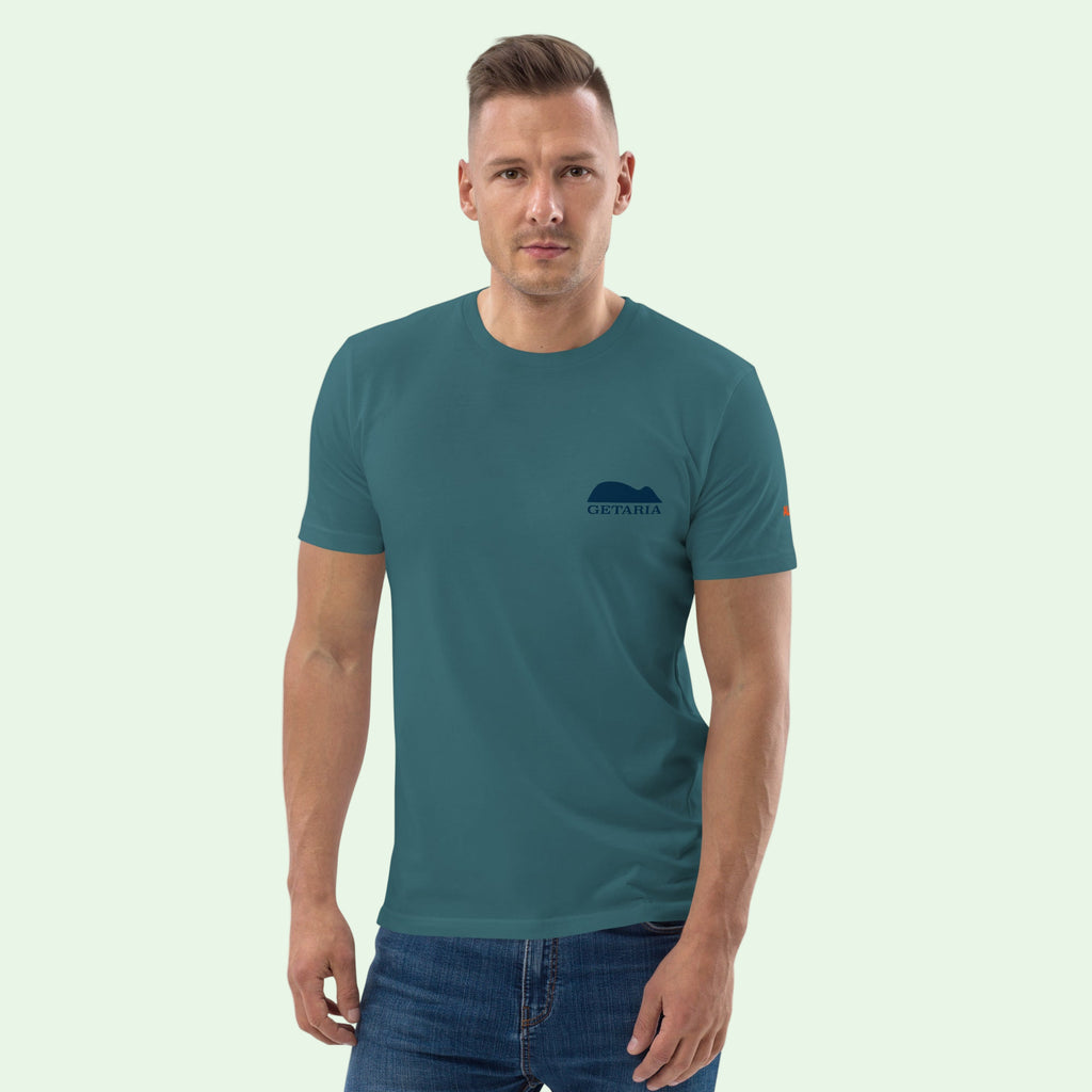 Man wearing an unisex organic cotton t-shirt in stargazer with Raton of Getaria design at the front by Aunti