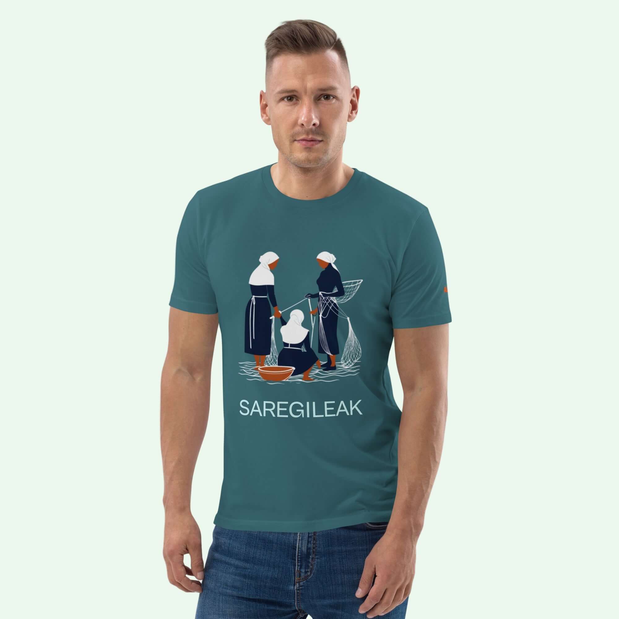 unisex organic cotton t-shirt in stargazer with front Saregileak design by aunti