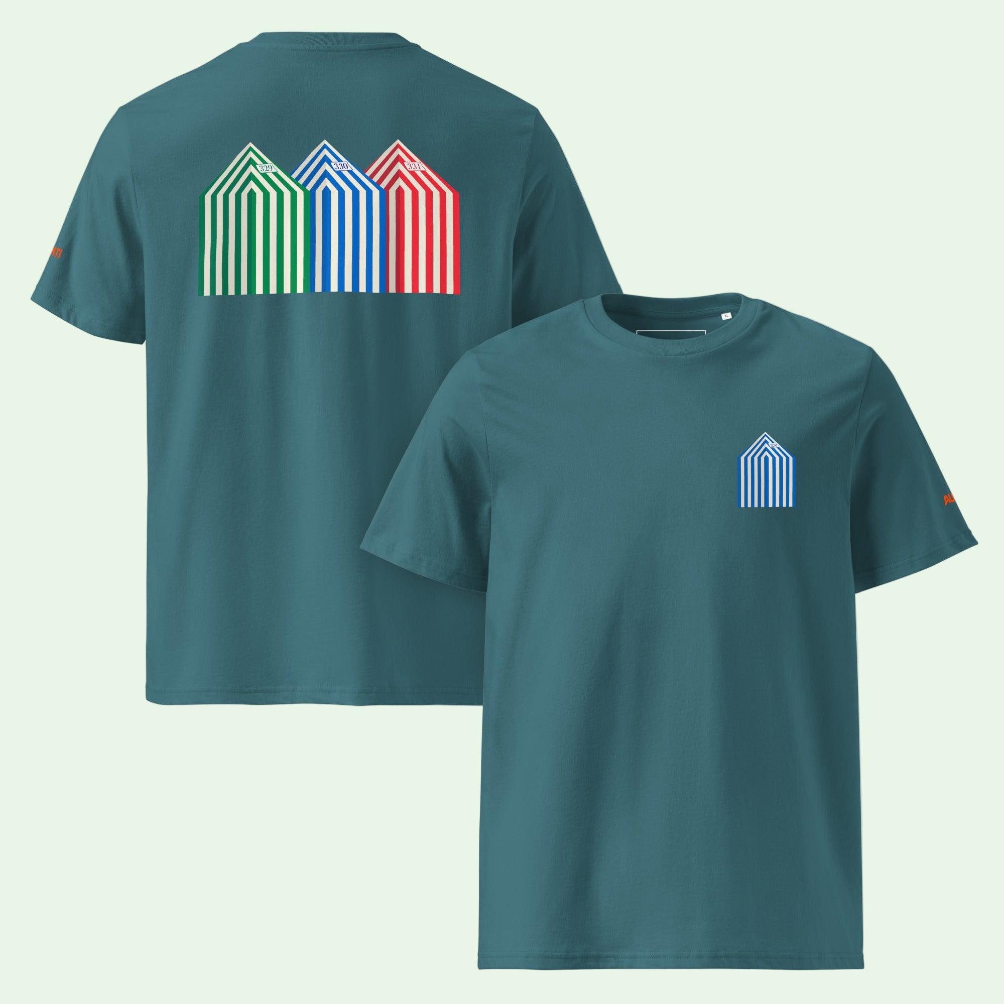 unisex organic cotton gots & oeko-tex certified in stargazer with beach cabins design by Aunti