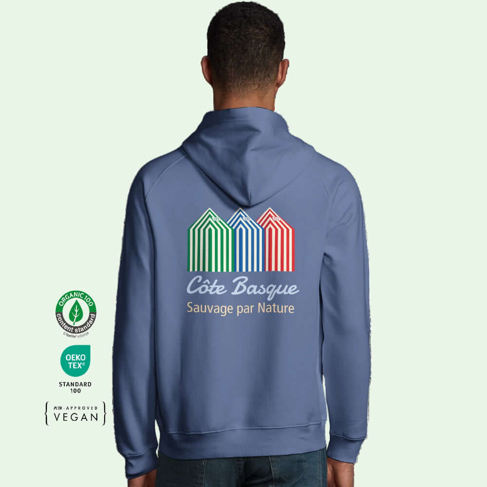 unisex organic hoodie in blue with beach cabins back by Aunti