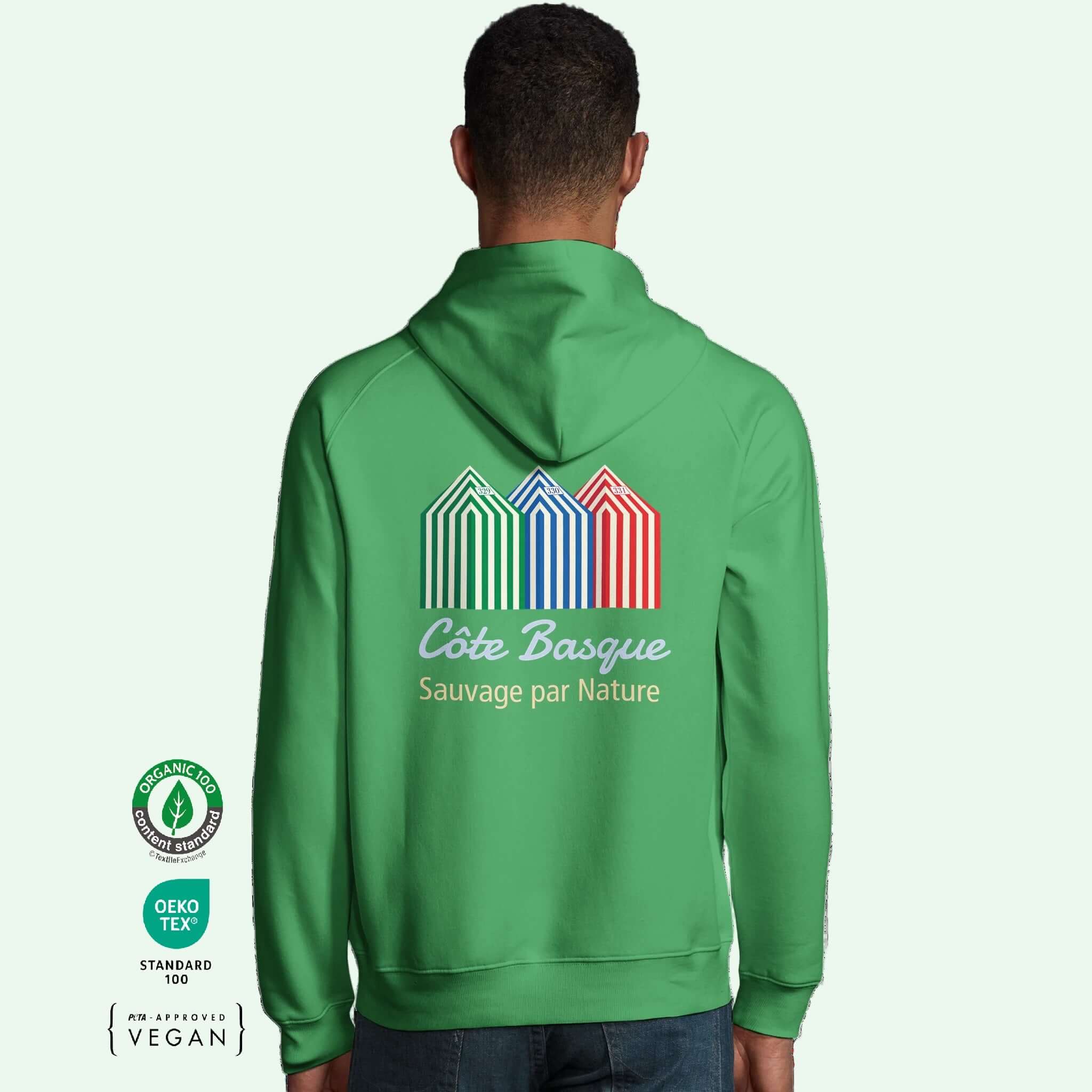 unisex organic hoodie in green with beach cabins design back by Aunti