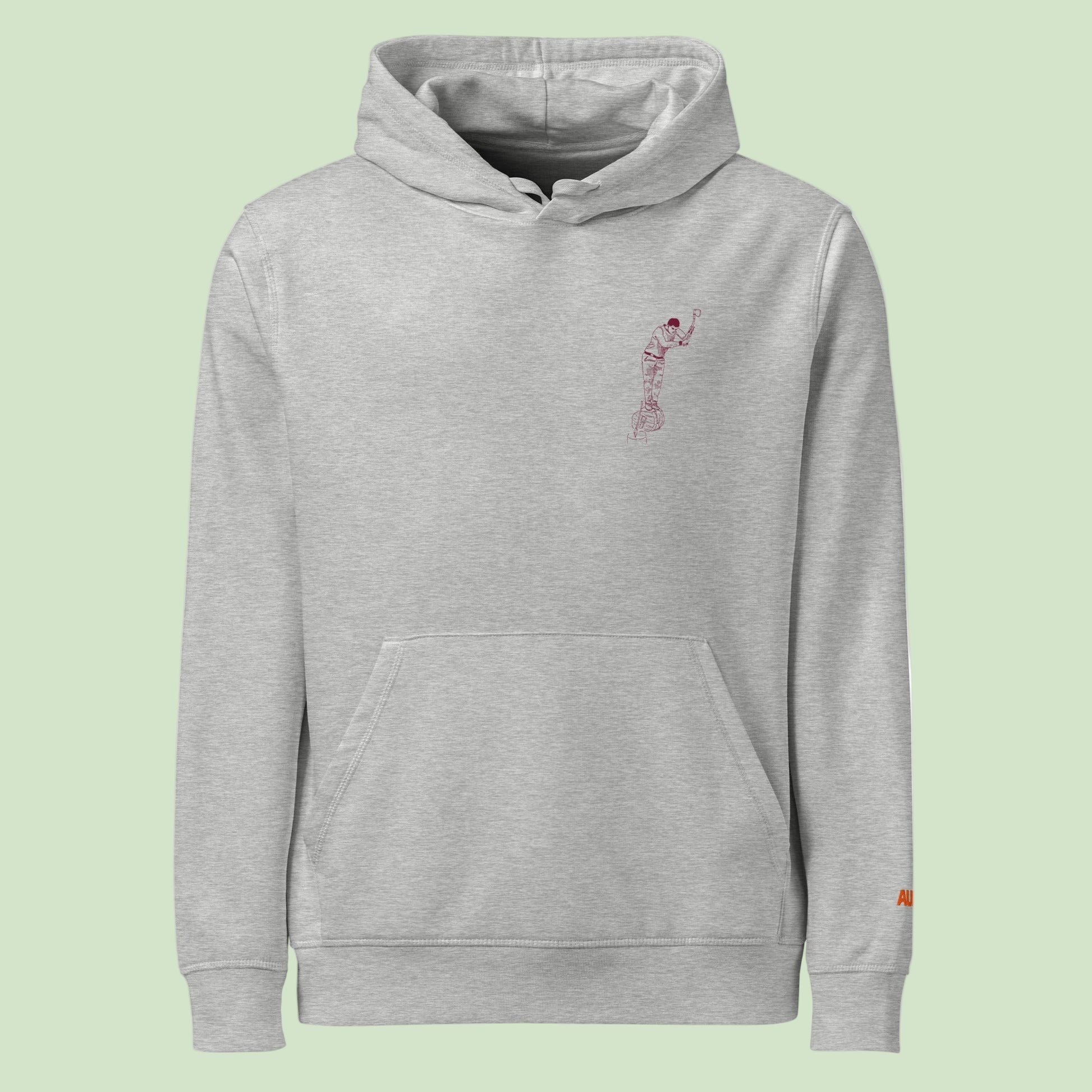 unisex organic hoodie in heather with garnet design on chest of an aizkolari , woodchopping, basque rural sports by Aunti