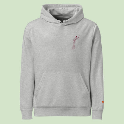 unisex organic hoodie in heather with garnet design on chest of an aizkolari , woodchopping, basque rural sports by Aunti