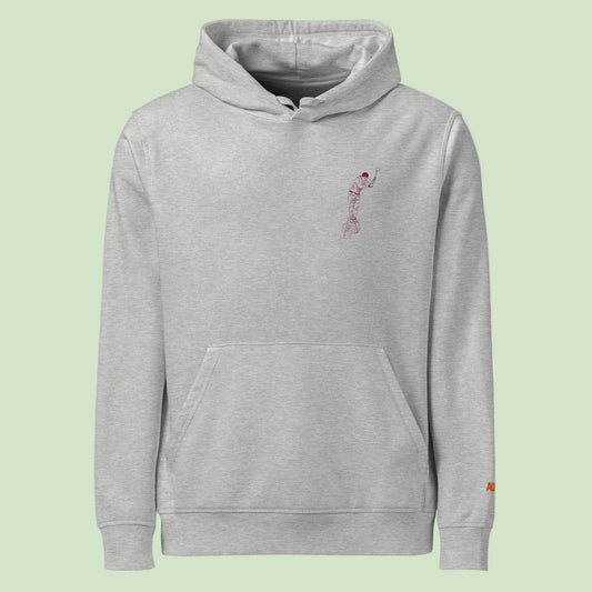 unisex organic hoodie in heather with garnet design on chest of an aizkolari , woodchopping, basque rural sports by Aunti