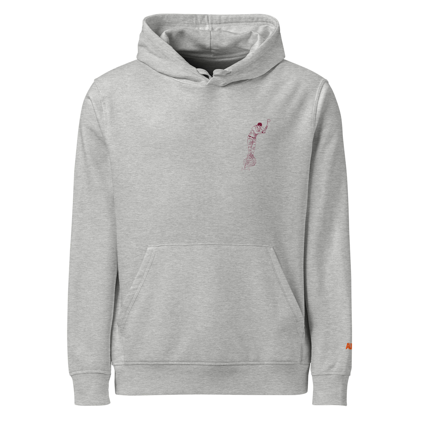 unisex organic hoodie in heather with garnet design on chest of an aizkolari , woodchopping, basque rural sports