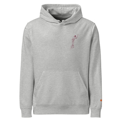 unisex organic hoodie in heather with garnet design on chest of an aizkolari , woodchopping, basque rural sports