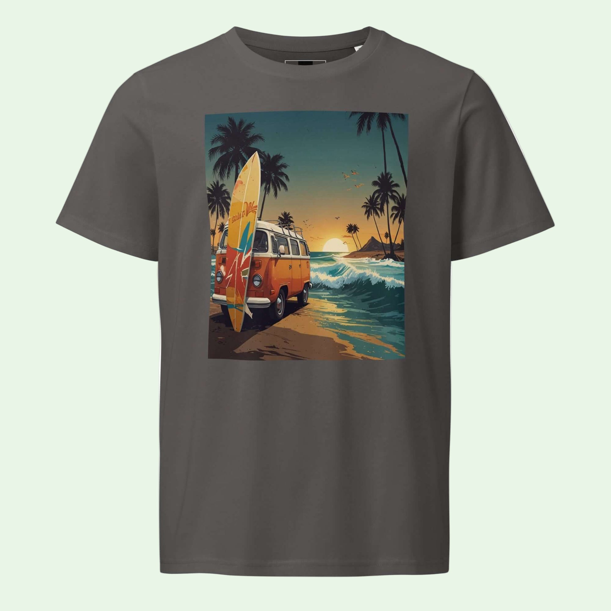 unisex organic mid-light t-shirt in anthracite  with retro surf front design by Aunti