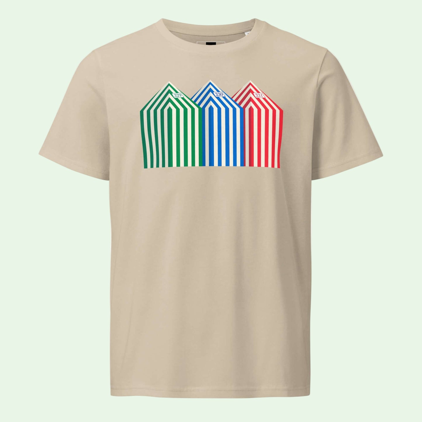 dust-organic-cotton-t-shirt- beach-cabins-Zarautz-front by Aunti