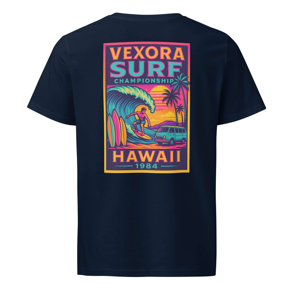 Camiseta gruesa orgánica Championship 1984 en azul marino, vista trasera, por AUNTI