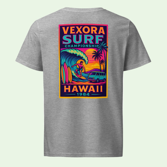 unisex organic t-shirt in heather with Vexora Surf Championship back design in vibrant colours by Aunti