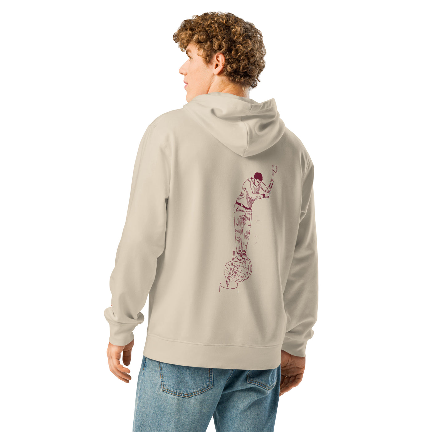 man wearing an organic hoodie with aizkolari design on back
