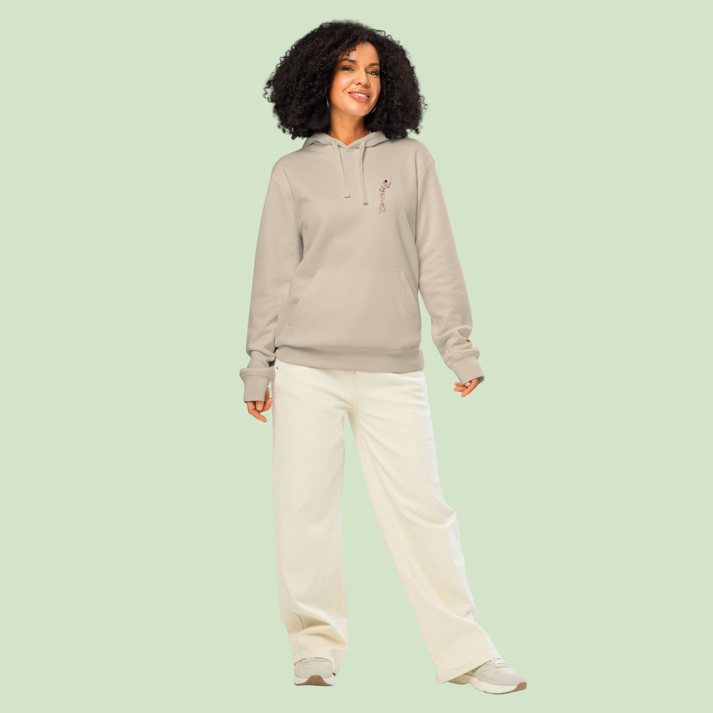 a woman wearing an unisex organic mid-weight hoodie with Aizkolari design by Aunti