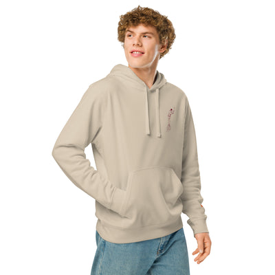unisex organic hoodie in desert dust with aizkolari design in garnet  on chest 
