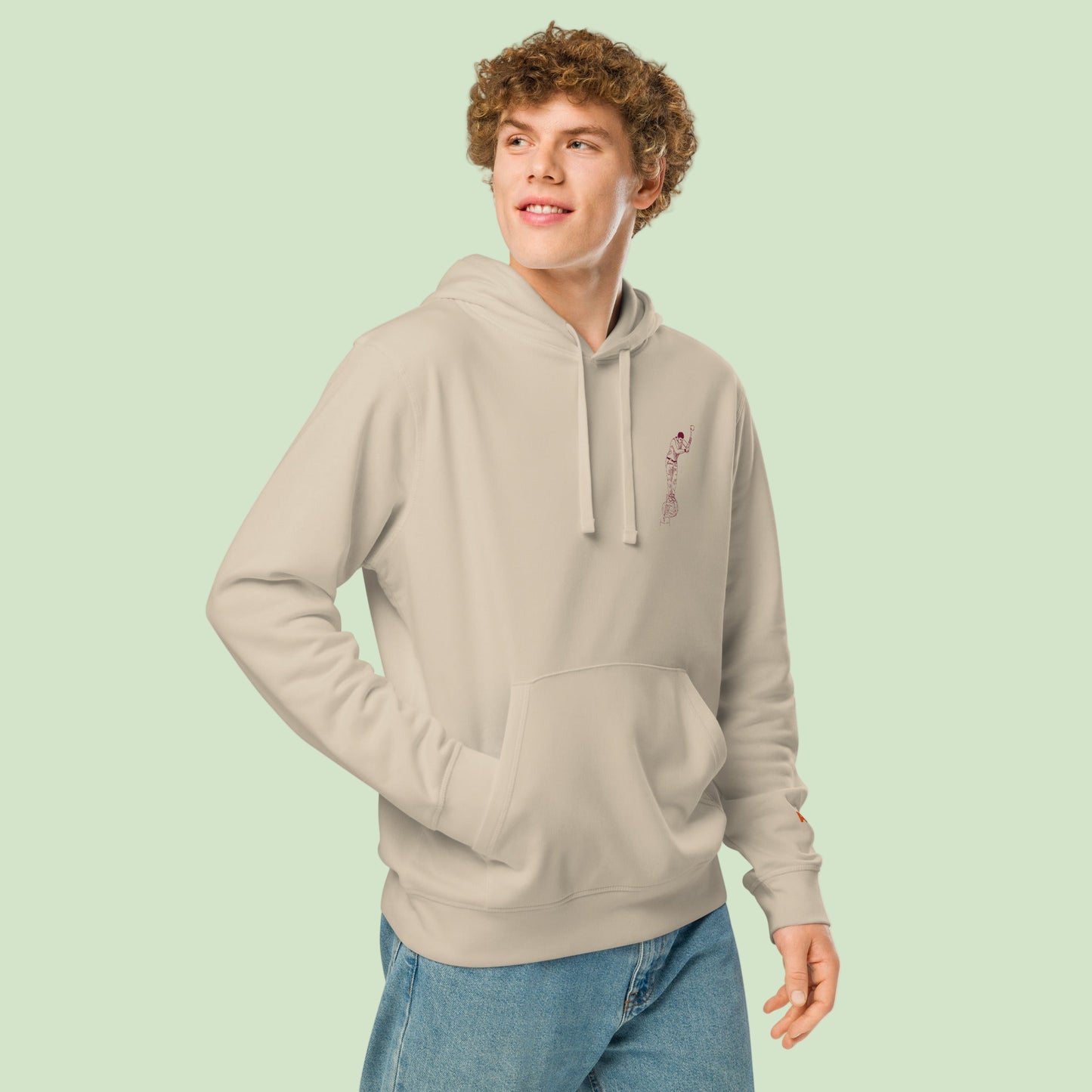 unisex organic hoodie in desert dust with aizkolari design in garnet  on chest by Aunti