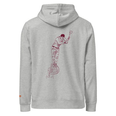 unisex organic hoodie in heather with aizkolari design on the back in garnet